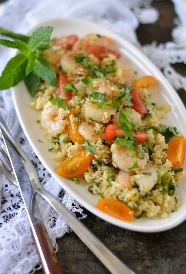 Couscous met knoflook garnalen