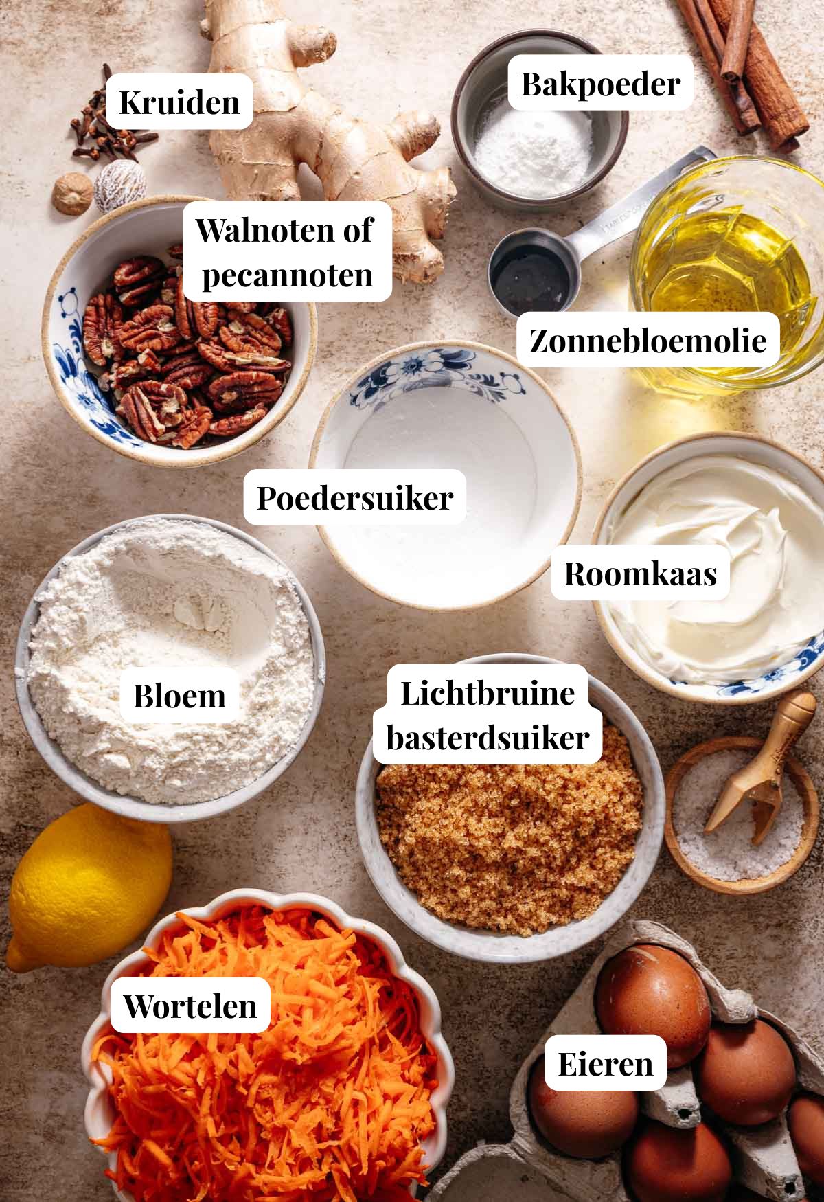 Ingredienten voor carrot cake