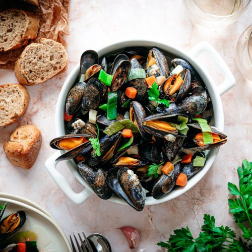 Klassieke mosselen met wijn