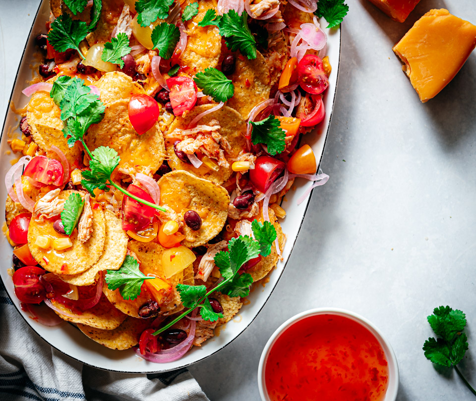 Ovenschotel met pulled chicken en nacho's