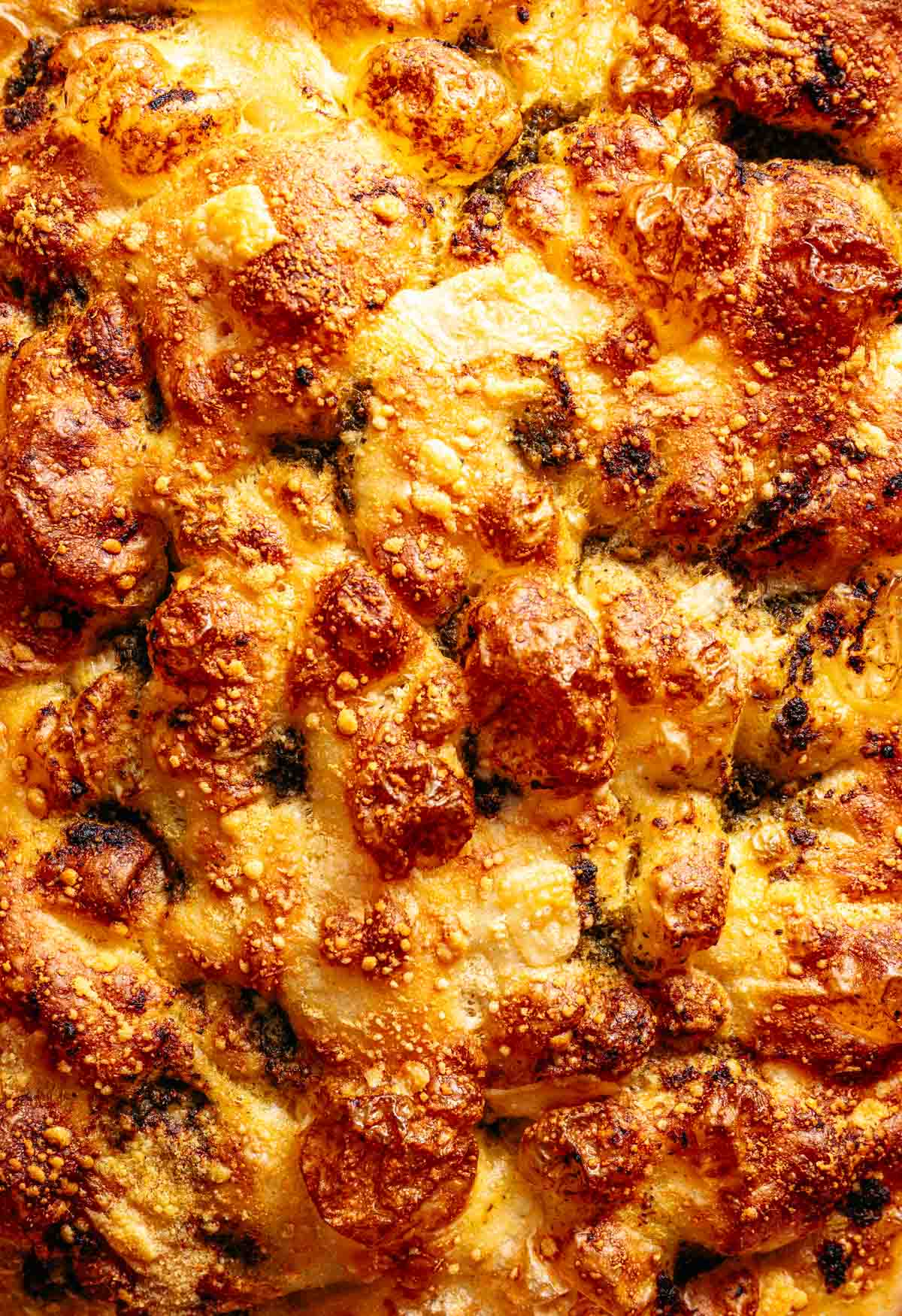 Close-up van de pesto kaas focaccia net uit de oven