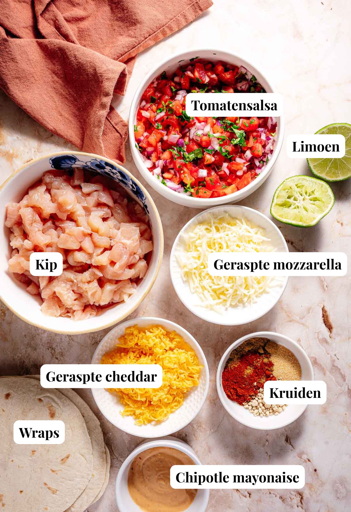 Ingredienten krokante kip taco's