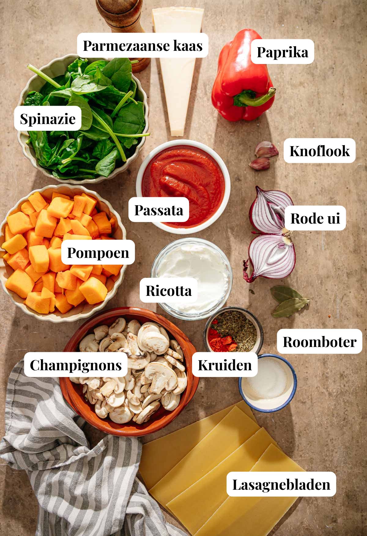 Ingredienten pompoen lasagne