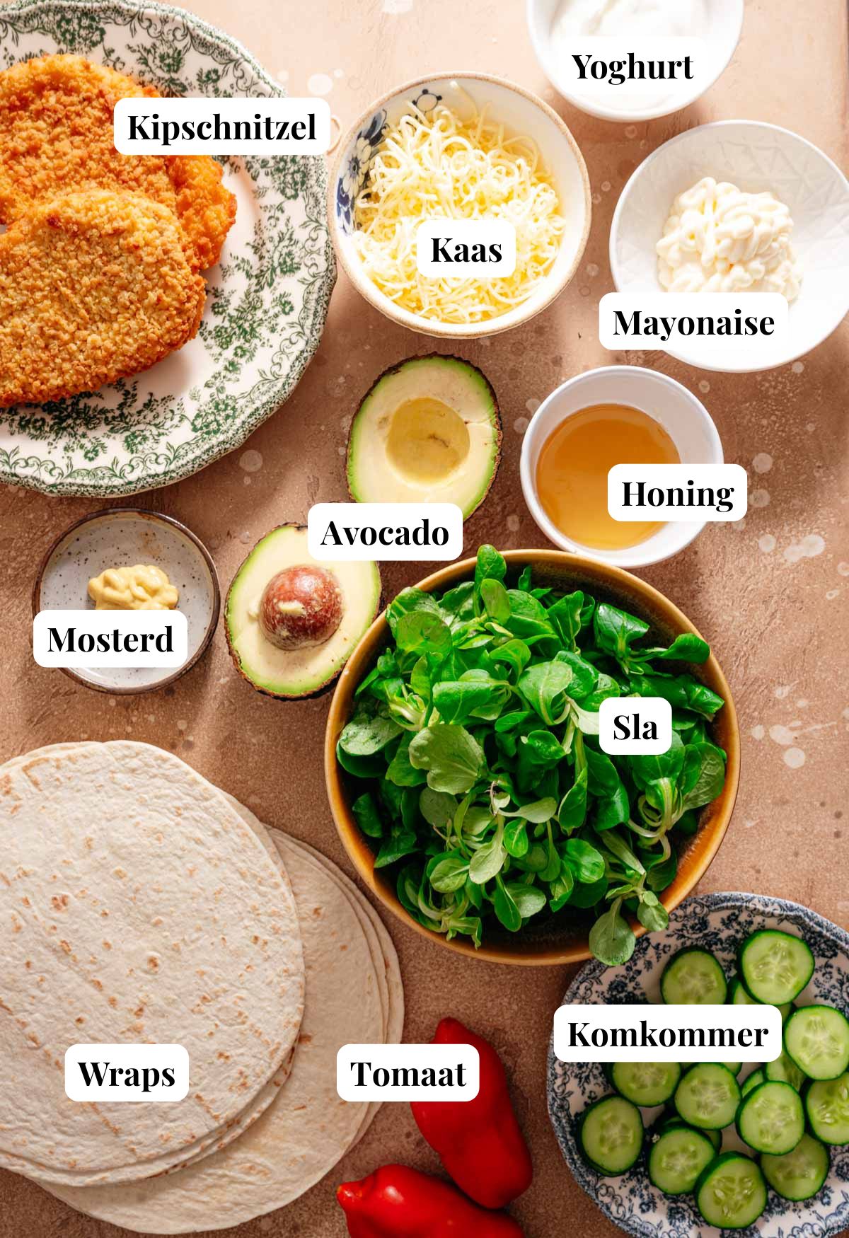 Ingredienten Ingredienten voor Wraps krokante kip met honing mosterd saus